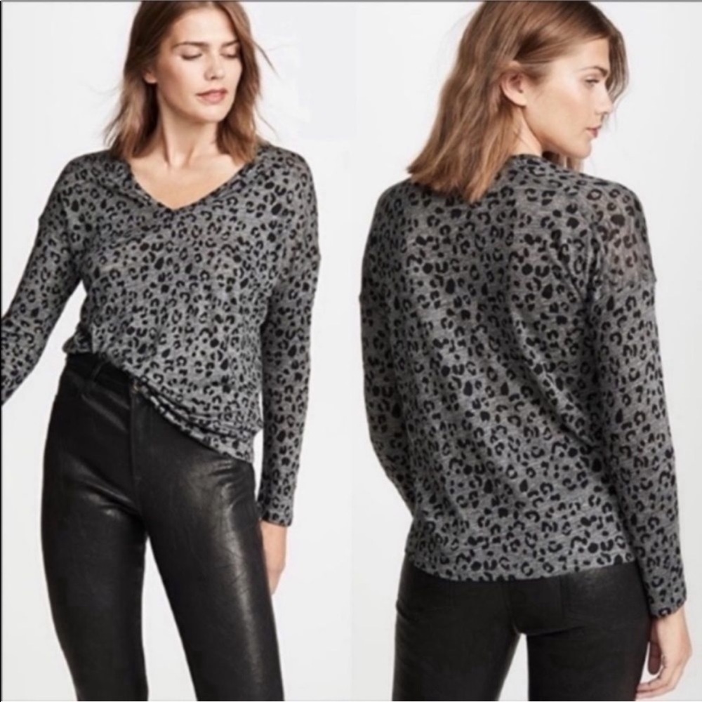 Rails Linen Long Sleeve Top Shirt Gray Sami Charcoal Leopard V-neck Sweater - Picture 2 of 12